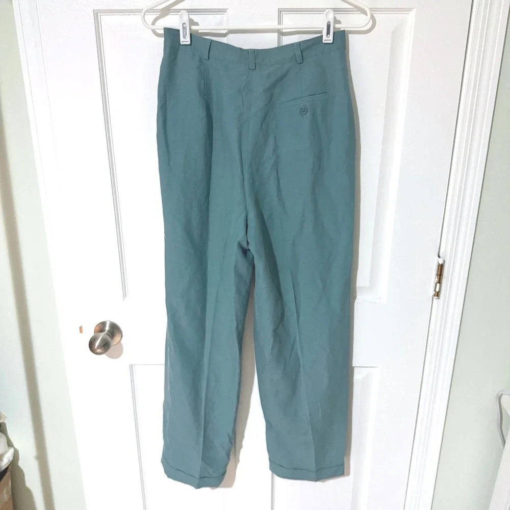 Lauren Ralph Lauren Silk Linen Pleated Trousers Teal Blue Petite 10P High Rise